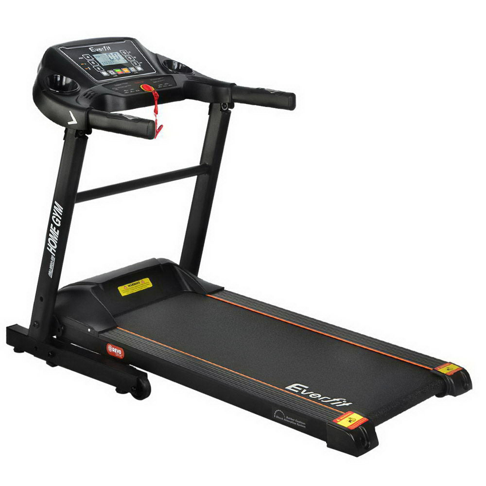 Foldable Everfit electric treadmill for home gym workout, with a 400mm running surface and digital display for fitness training.