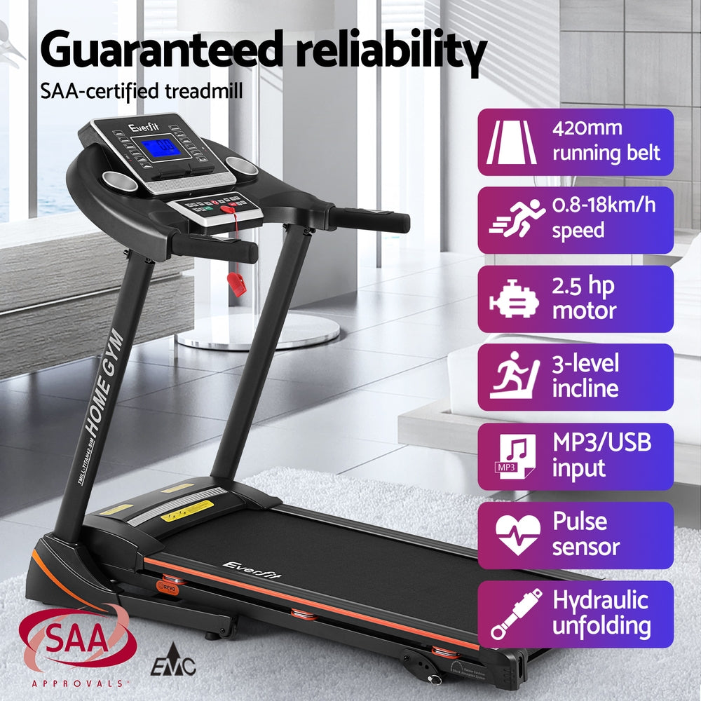 Everfit electric treadmill for home gym, hydraulic 420mm exercise machine with digital display and sturdy design.