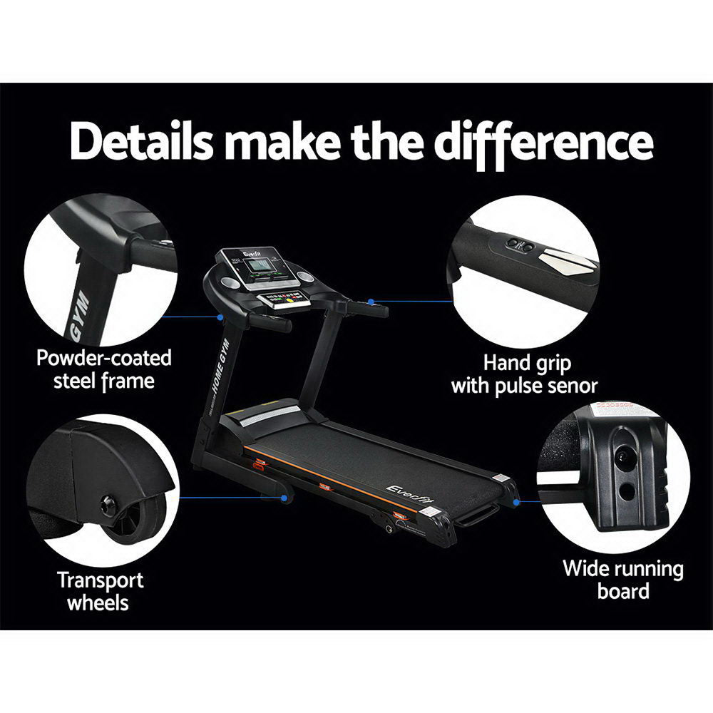 Electric Everfit treadmill for home gym, hydraulic exercise machine with 420mm width, suitable for fitness and cardio workouts.
