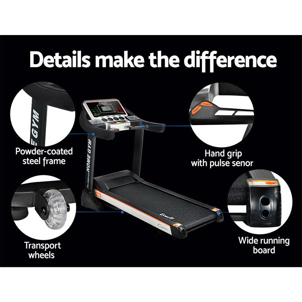 Everfit electric treadmill with auto incline for home gym, 450mm running deck, from Online Fitness Depot.