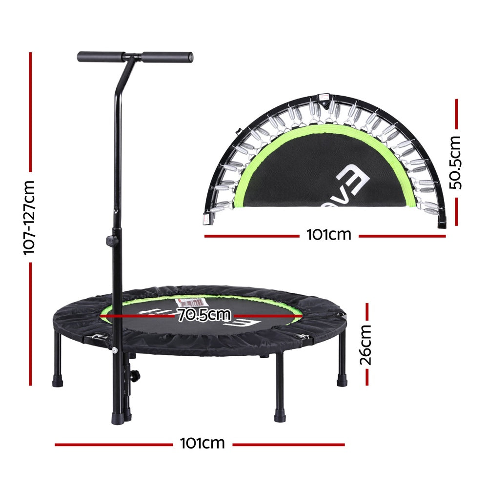 Everfit 40-inch foldable trampoline rebounder with handrail for home gym, ideal for fitness and jumping exercises.