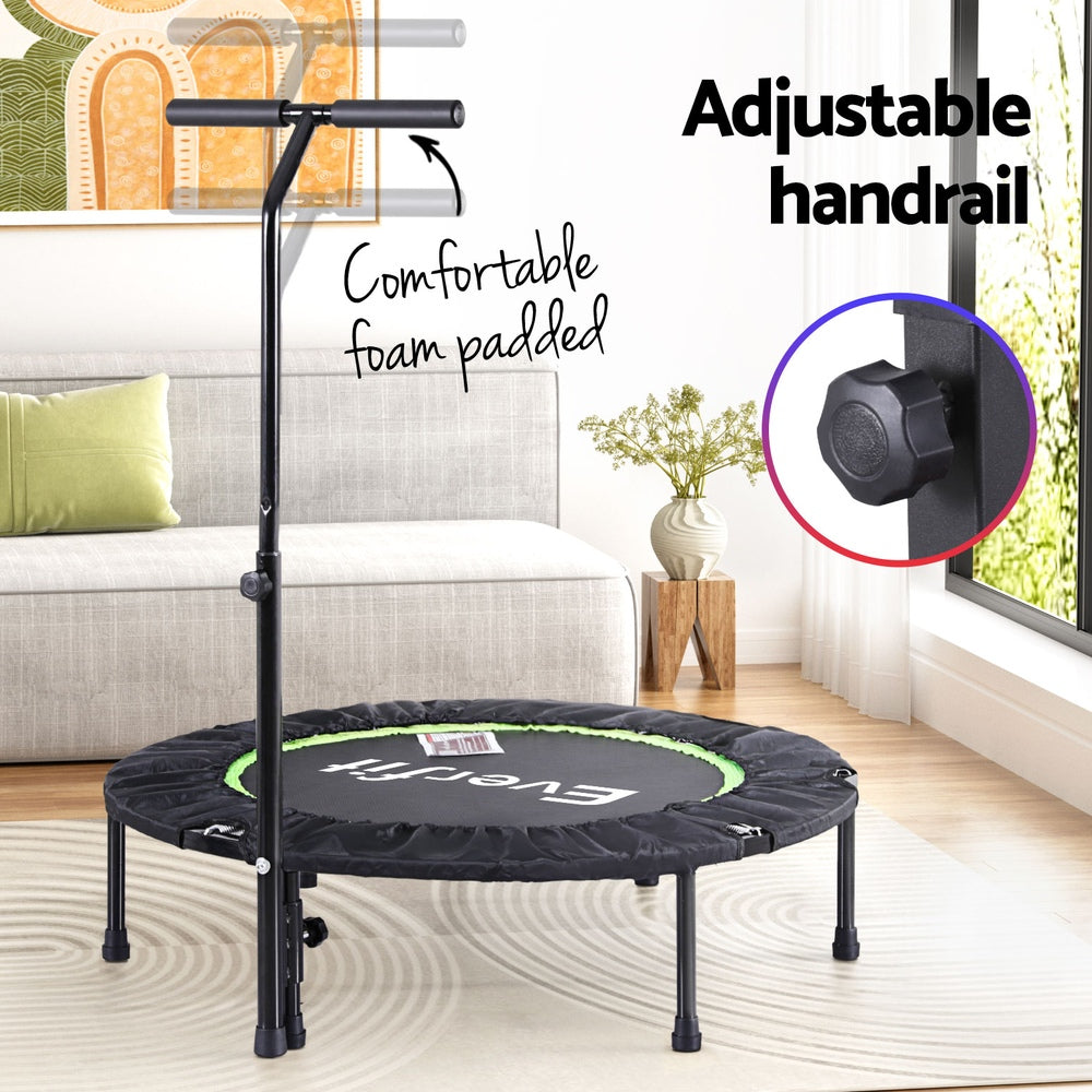 Everfit 40-inch foldable trampoline rebounder with handrail for home gym exercise, designed for effective fitness workouts.