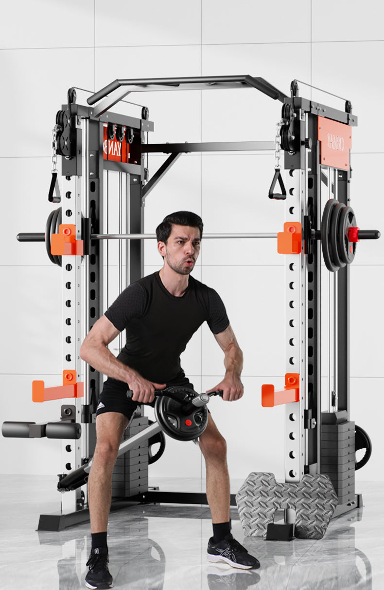 SmartFit M1 Max pin-loaded multi-functional training smith machine with power rack for home gym workouts and weightlifting.