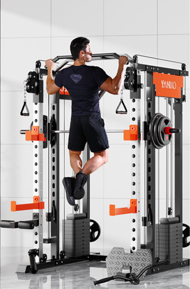 SmartFit M1 Max pin-loaded multi-functional training smith machine with power rack for home gym weightlifting and strength training.