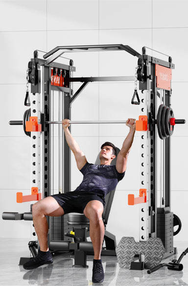 SmartFit M1 Max multi-functional Smith machine with weight rack, ideal for home gym strength training and weightlifting exercises.