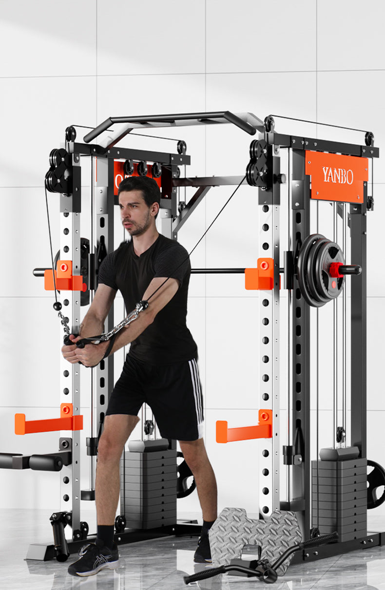 SmartFit M1 Max pin-loaded multi-functional gym power rack with Smith machine for weightlifting and home fitness training.