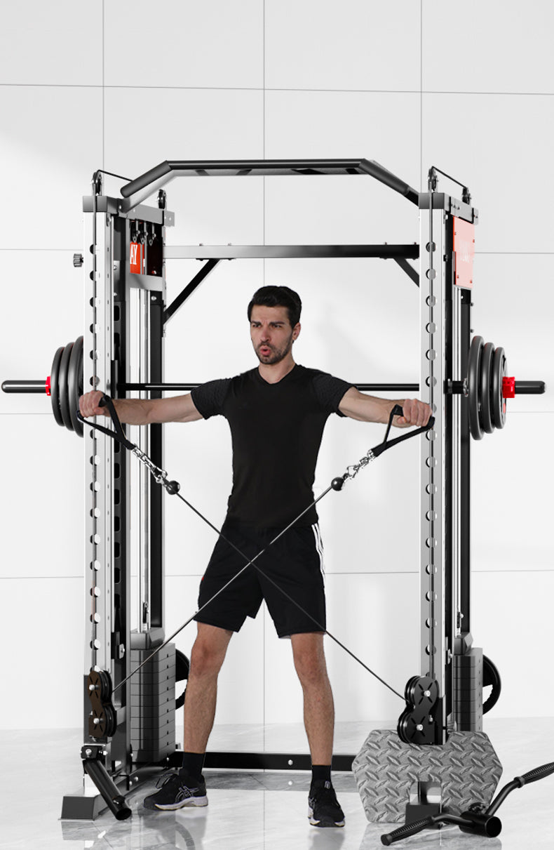 SmartFit M1 Max multi-functional Smith machine with weight rack and pull-up bar for home gym strength training and weightlifting.