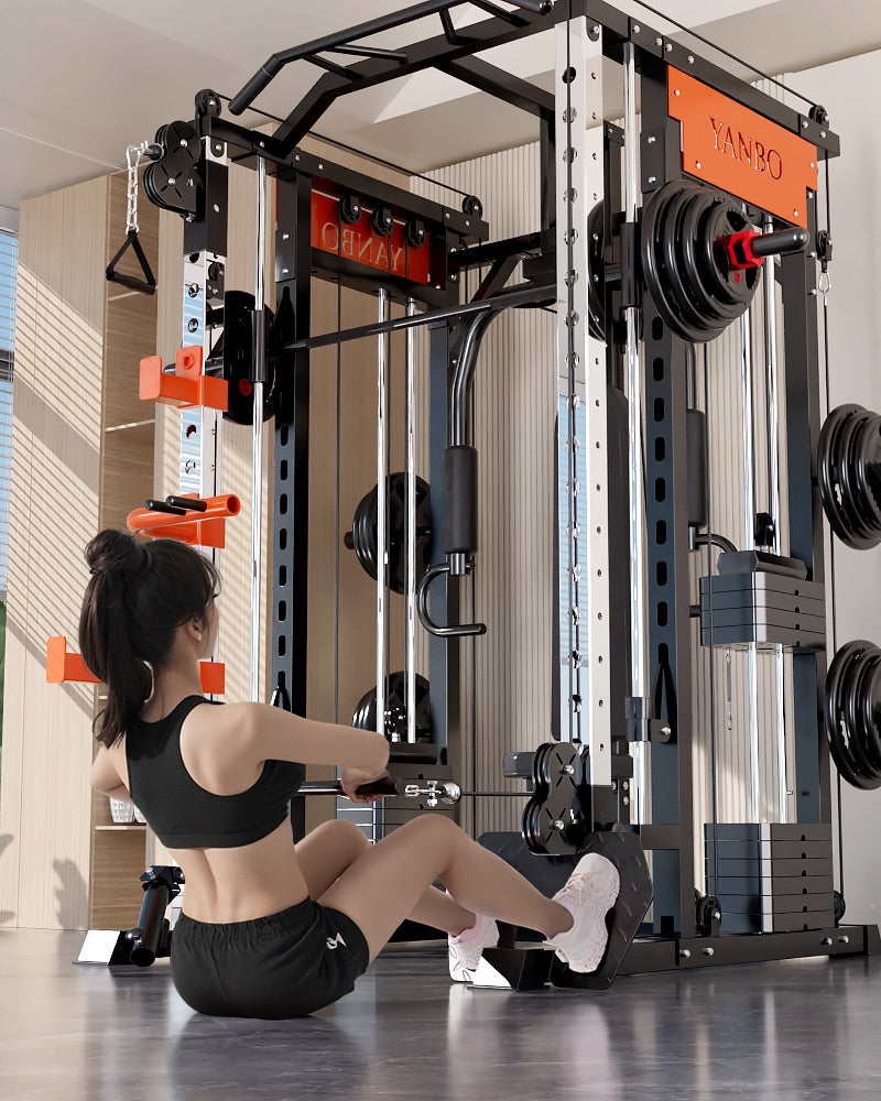 SmartFit M1 Ultra multi-functional Smith machine with leg press and chest fly attachments for home gym weightlifting exercises.