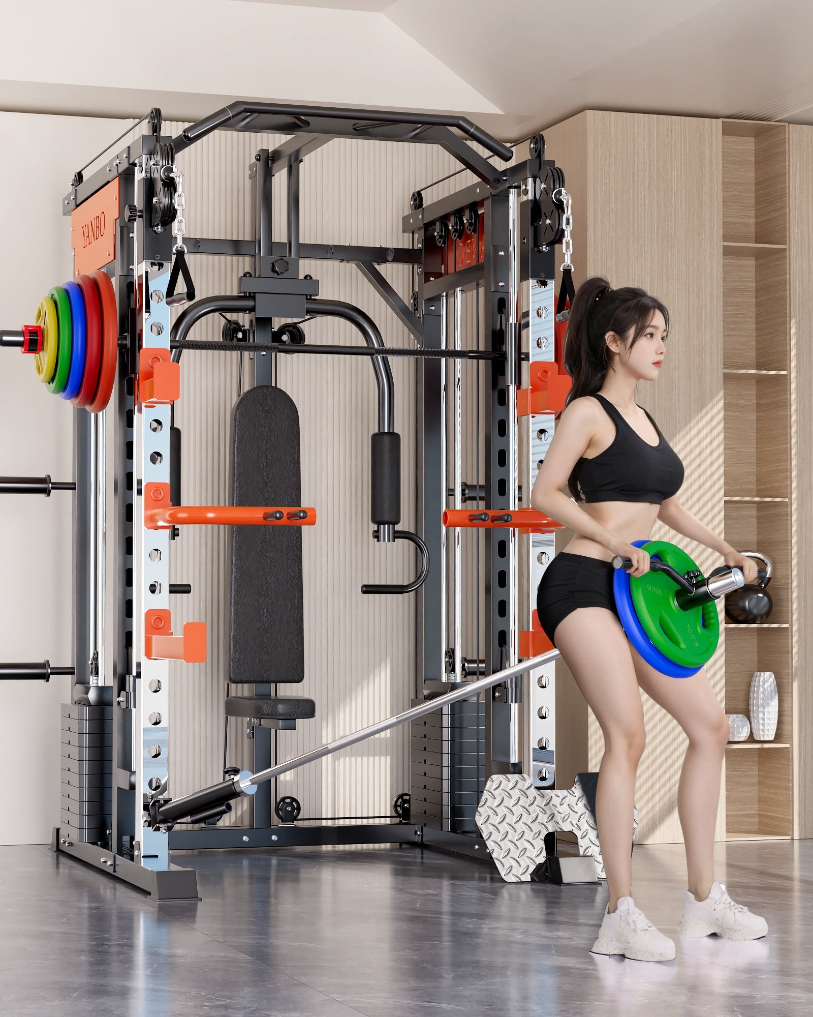 SmartFit M1 Ultra multi-functional Smith machine with leg press and chest fly attachments for home gym workouts.