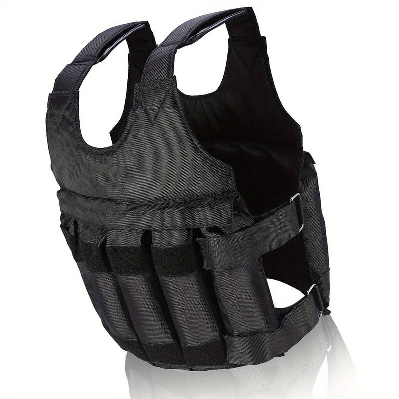 Adjustable 50kg weighted vest for fitness training, black with shoulder straps, from Online Fitness Depot, used for gym and strength workouts.