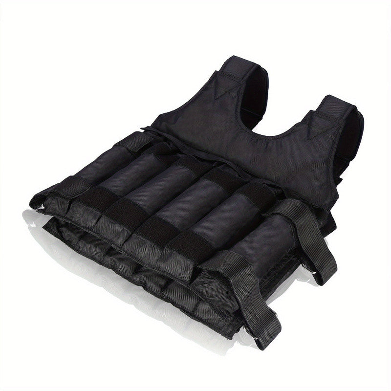 Online Fitness Depot adjustable 50kg weighted vest for fitness training, with padded straps and weight plates for strength workouts.