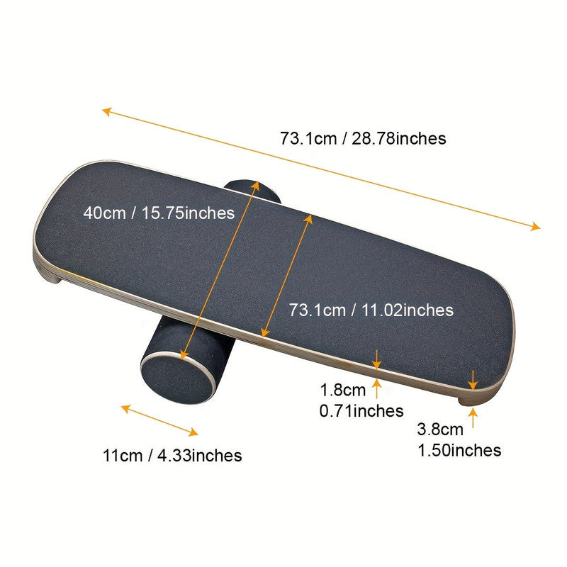 Wooden surf balance board by Online Fitness Depot for core training, showing the board on a gym floor with handles on sides.