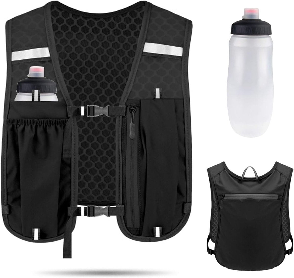 Black reflective running vest with adjustable straps, 500ml flask holder, lightweight and durable for cycling and walking.