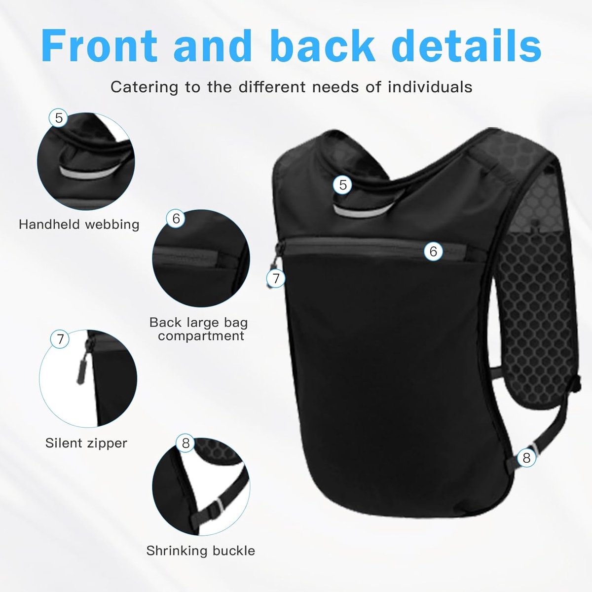 Black reflective running vest with 500ml flask holder, adjustable, lightweight, durable women’s activewear for cycling and walking.