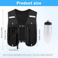 Black reflective running vest with adjustable straps, 500ml flask holder, lightweight, durable, suitable for cycling and walking.