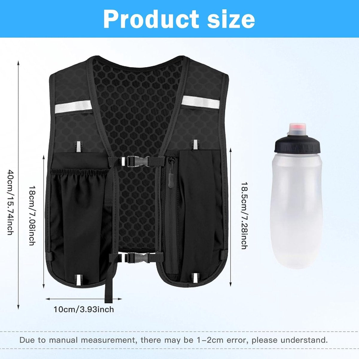 Black reflective running vest with adjustable straps, 500ml flask holder, lightweight, durable, suitable for cycling and walking.