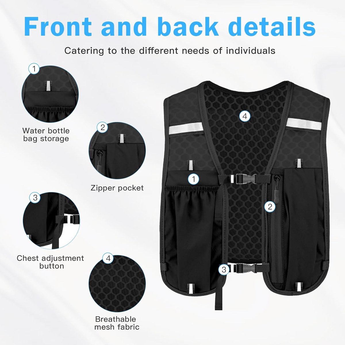 Black reflective running vest with adjustable straps, 500ml flask holder, lightweight durable design for women’s cycling and walking.
