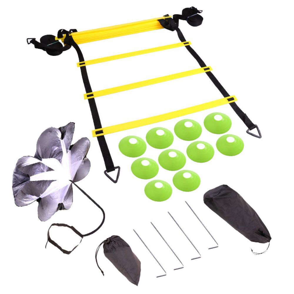 Online Fitness Depot football speed and agility training equipment set with ladders, cones, and parachute for soccer training.