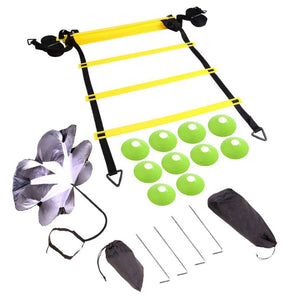 Online Fitness Depot football speed and agility training equipment set with ladders, cones, and parachute for soccer training.