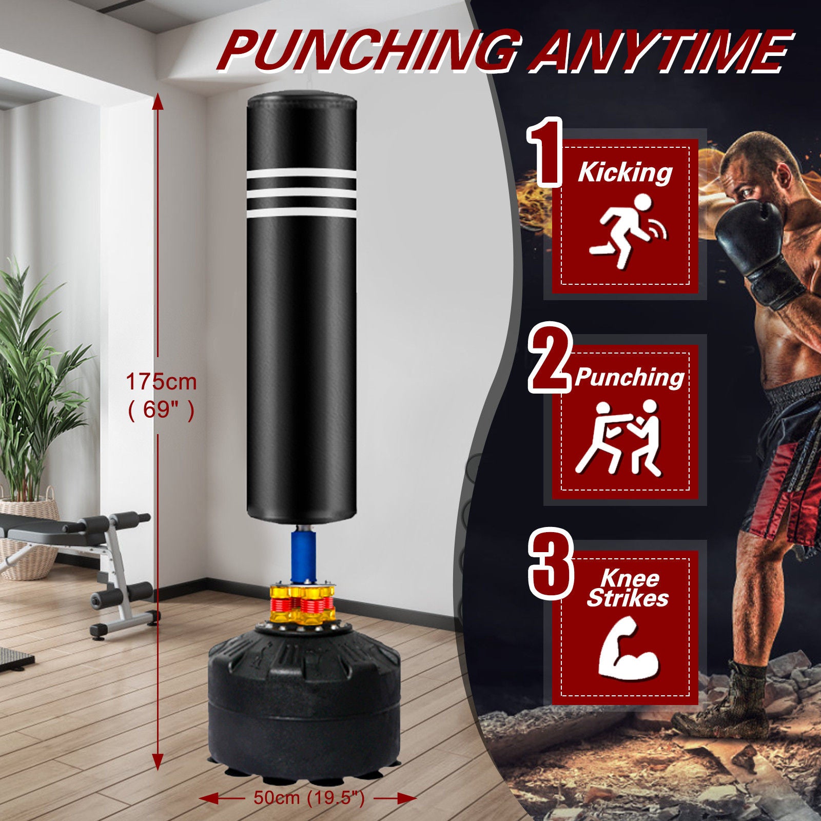 Boxing punching bag stand for adults and kids, 175cm height, ideal for boxing training and martial arts fitness exercises.