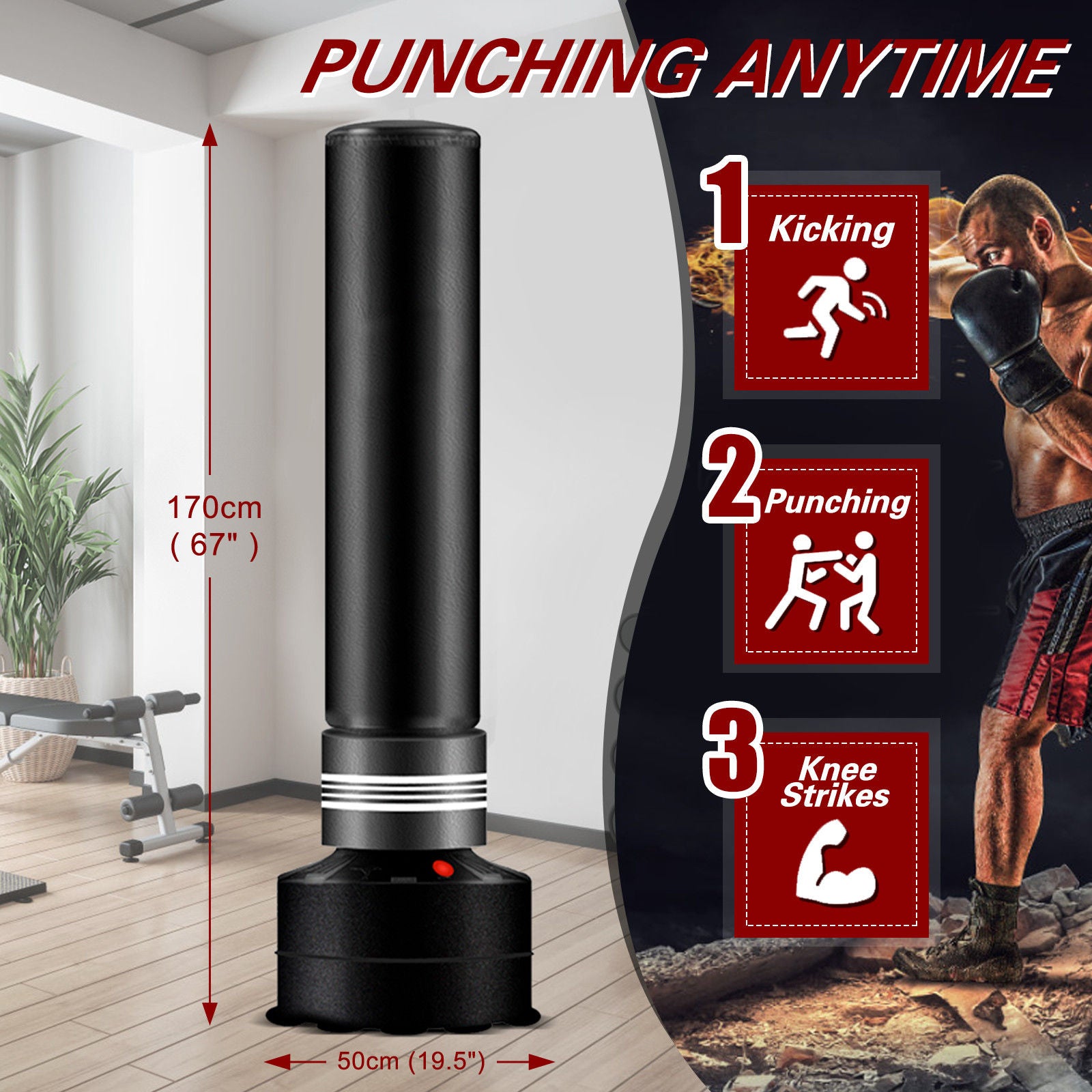 Standing boxing bag for punch training, 170cm, suitable for adults and kids, from Online Fitness Depot, designed for boxing workouts.