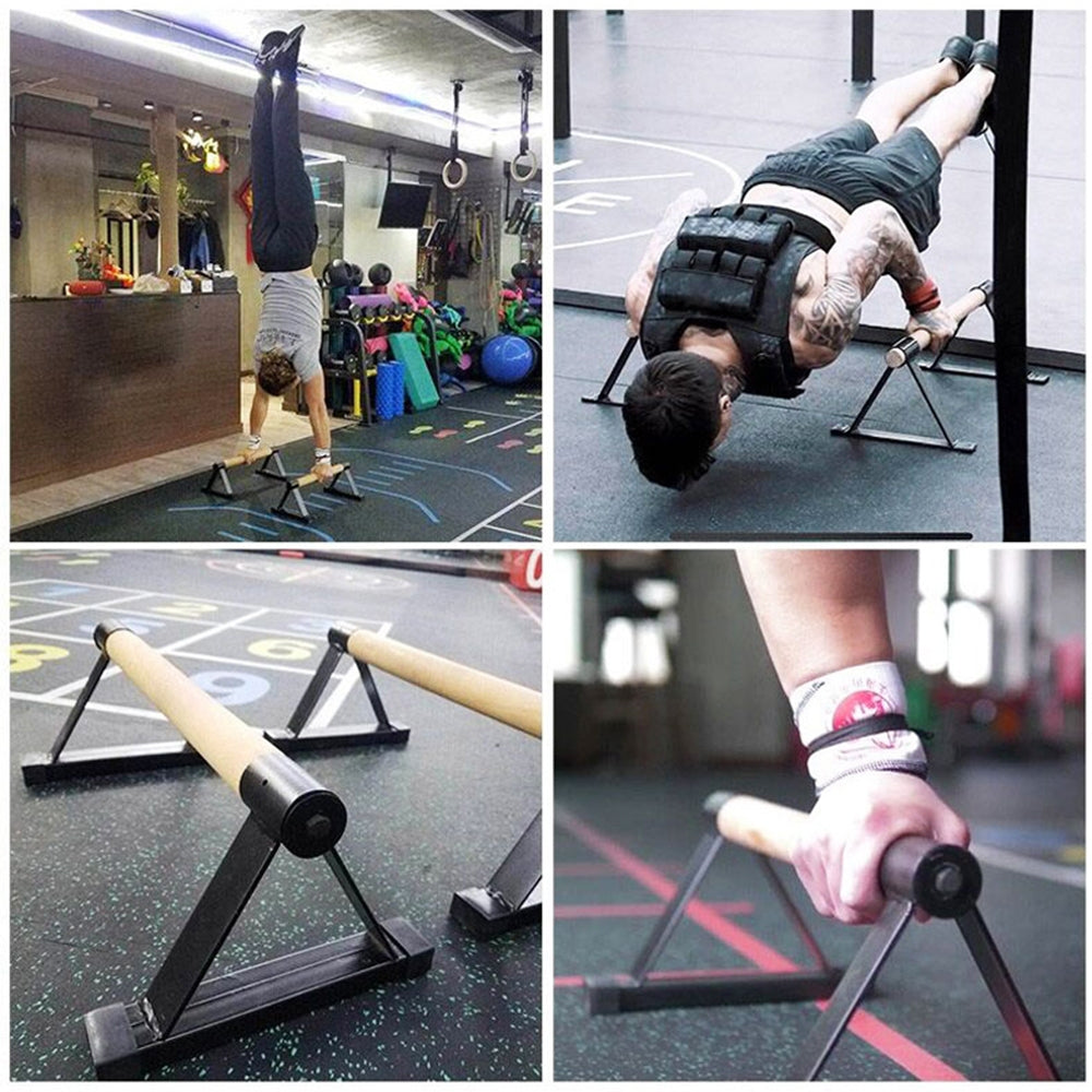 Pair of blue parallettes for push-ups and exercises, featuring double rod stand for home gym fitness training.
