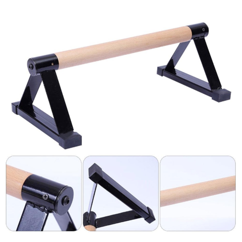 Pair of black parallettes for push-ups and gym exercises, made of durable double rod stands for fitness and strength training.
