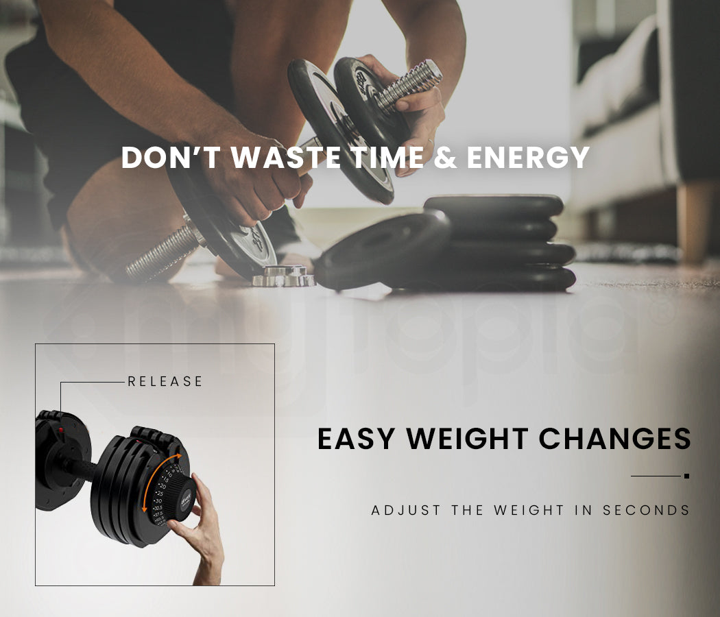 Online Fitness Depot ATIVAFIT 32.5kg adjustable dumbbell for home gym and fitness training, with textured grip and weight plates.
