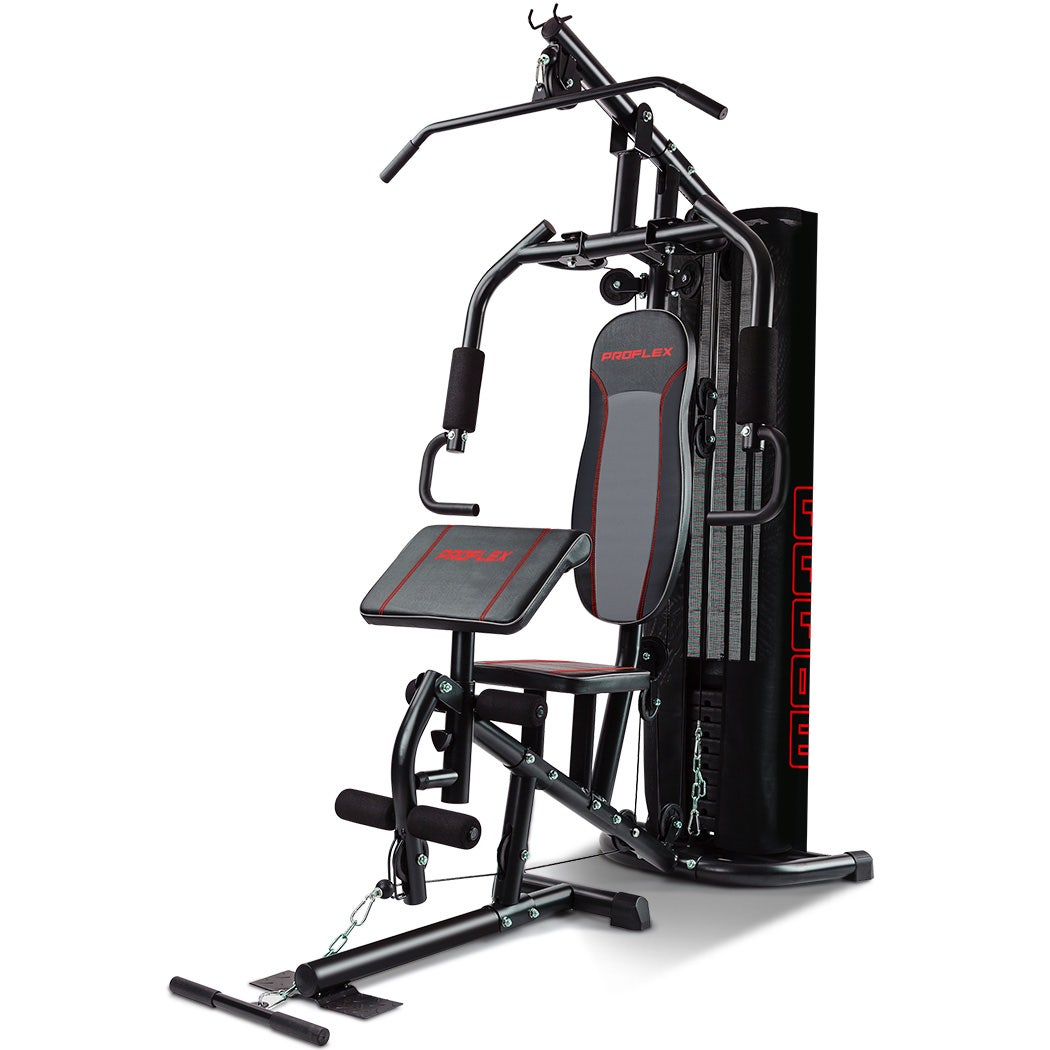 Compact home gym set with 150lb weight plates from Proflex, including multi-station exercise equipment for strength training.