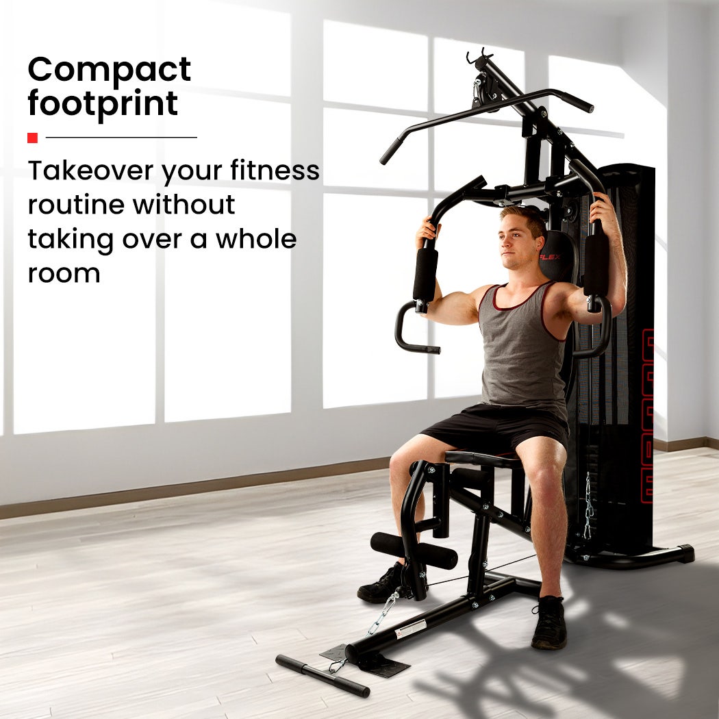 Compact home gym set with 150lb weight plates and multi-station exercise equipment by Online Fitness Depot