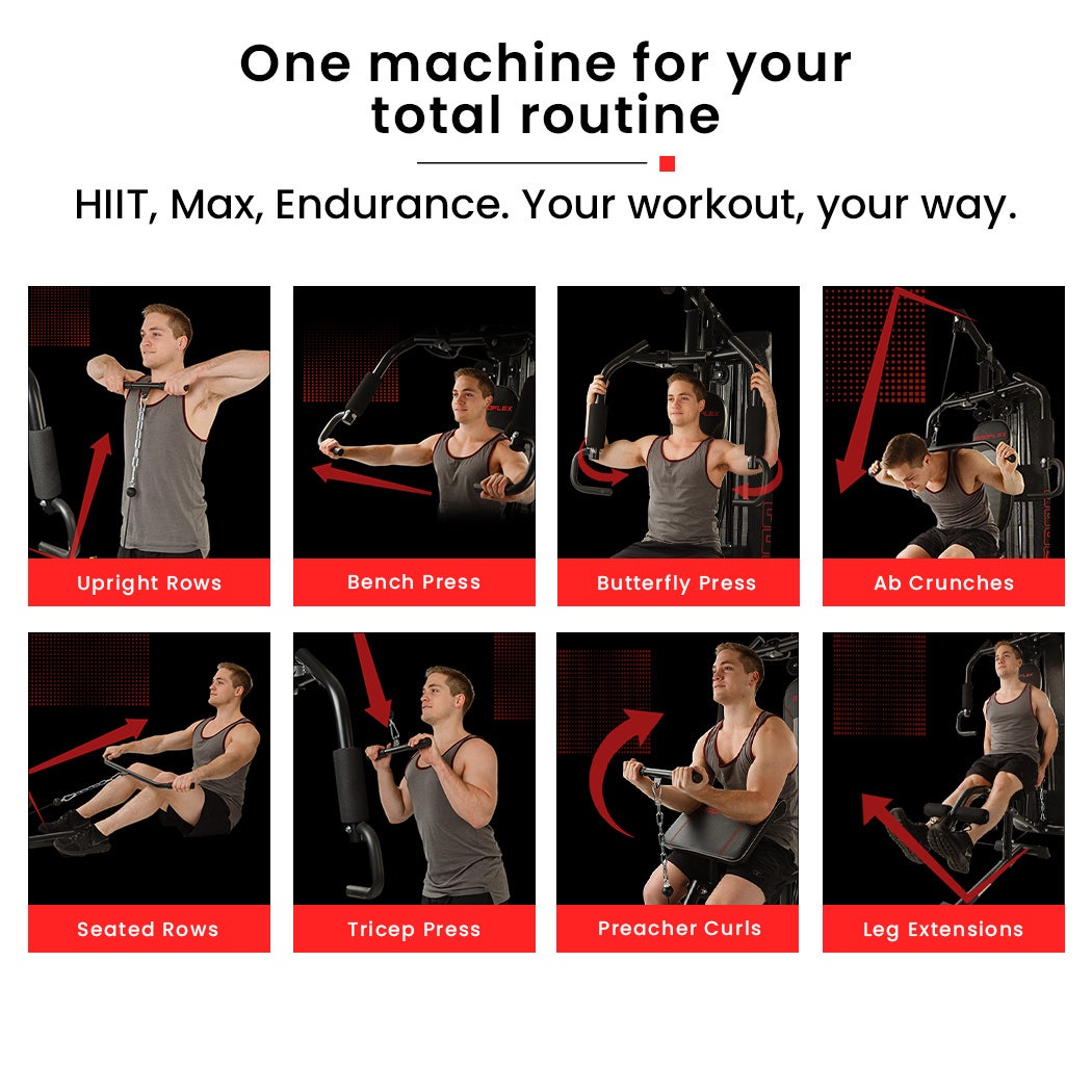 Multi-station compact home gym set with 150lbs weight plates from Online Fitness Depot, featuring adjustable exercise stations and weight racks.