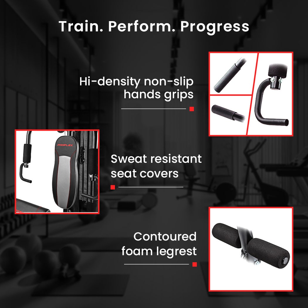 PROFLEX Multi-Station Compact Home Gym Set with 150lbs weight plates and various exercise stations, online fitness equipment.