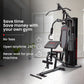 PROFLEX Multi-Station Compact Home Gym Set with 150lbs weight plates and various exercise stations for strength training.