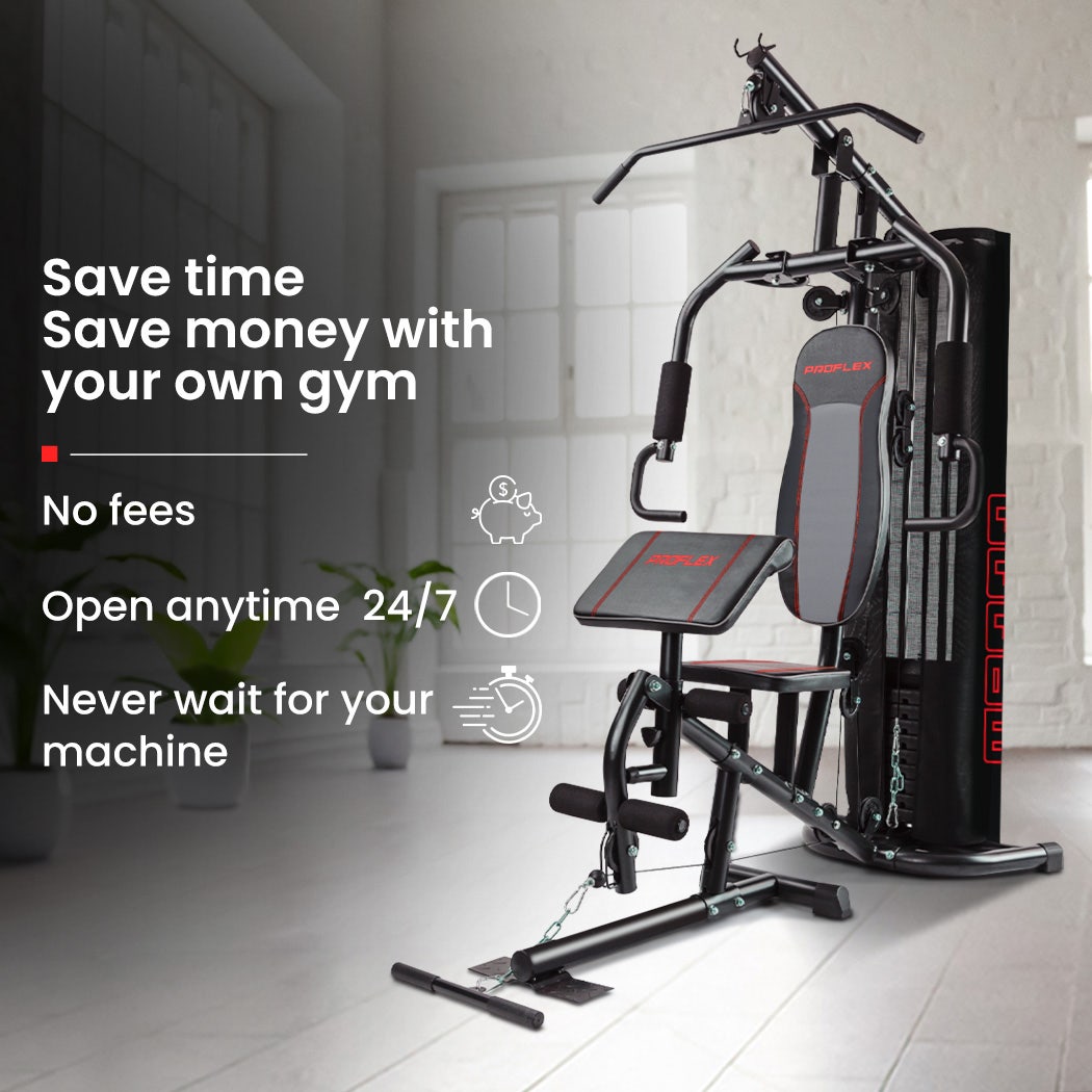 PROFLEX Multi-Station Compact Home Gym Set with 150lbs weight plates and various exercise stations for strength training.