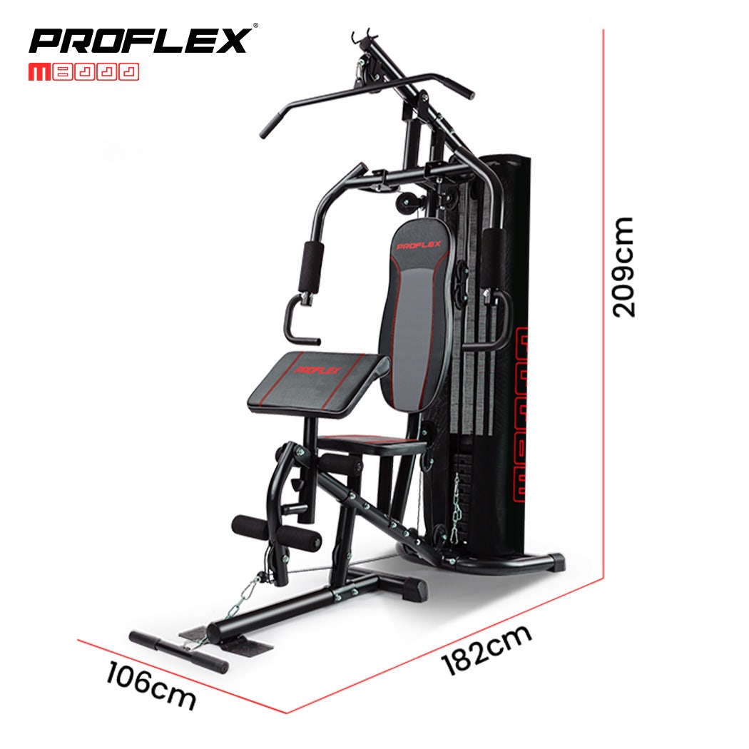 PROFLEX Multi-Station Compact Home Gym Set with 150lbs weight plates, including various strength training stations and equipment