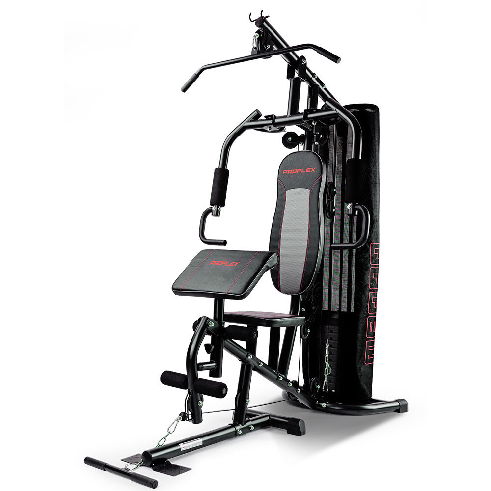 Proflex Multi-Station Home Gym Set with 98lbs weight plates, showcasing various exercise stations and weights for full-body workouts.