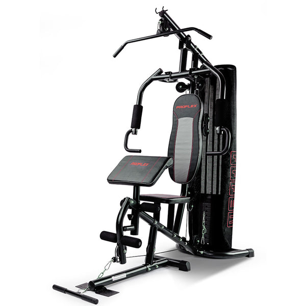 Proflex Multi-Station Home Gym Set with 98lbs weight plates, showcasing various exercise stations and weights for full-body workouts.