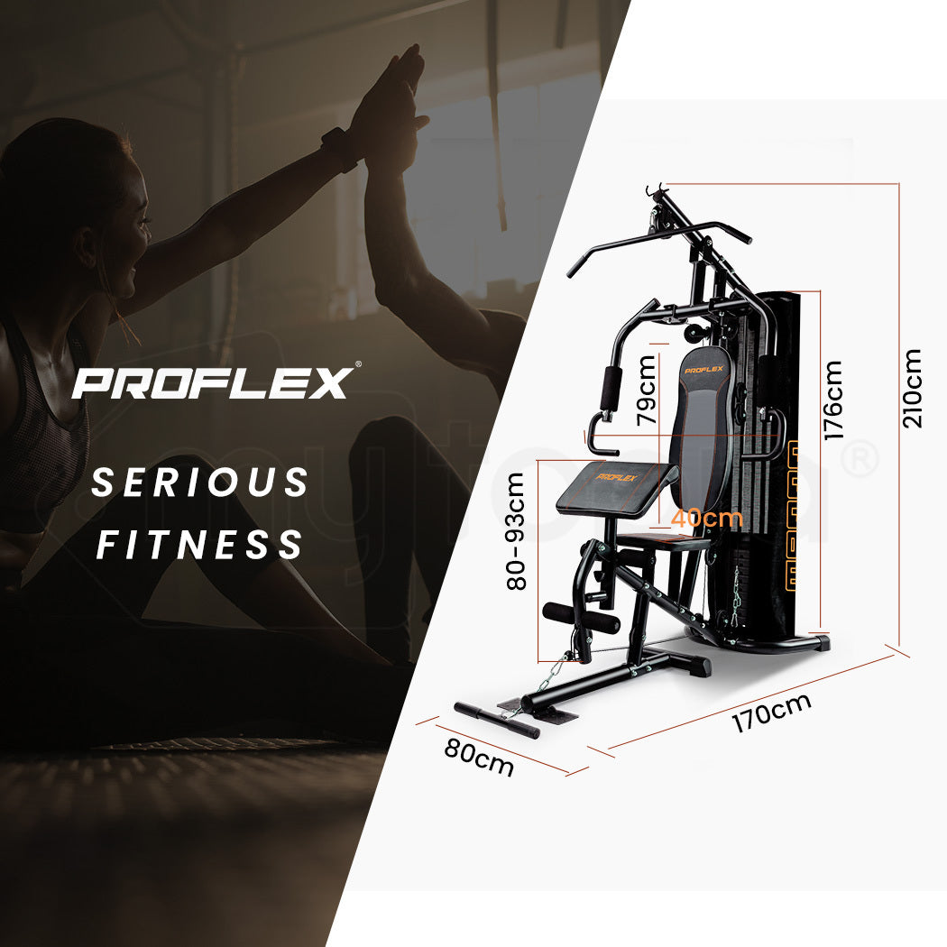 Proflex Multi-Station Home Gym Set with 98lb weight plates, featuring various exercise stations and weightlifting components.