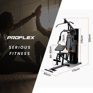 Proflex Multi-Station Home Gym Set with 98lb weight plates, featuring various exercise stations and weightlifting components.