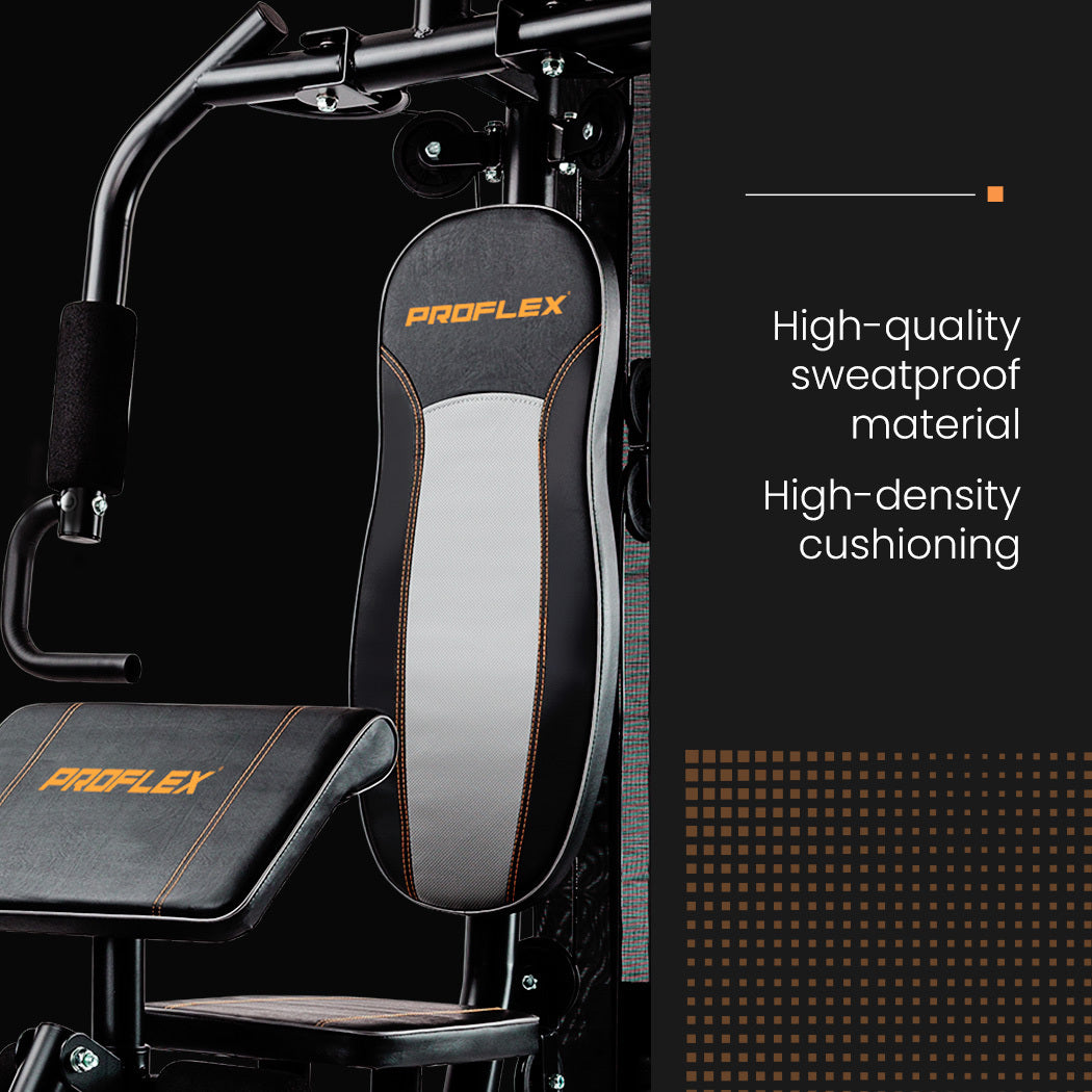PROFLEX Multi-Station Home Gym Set with 98lbs weight plates, including various exercise stations and weightlifting equipment.