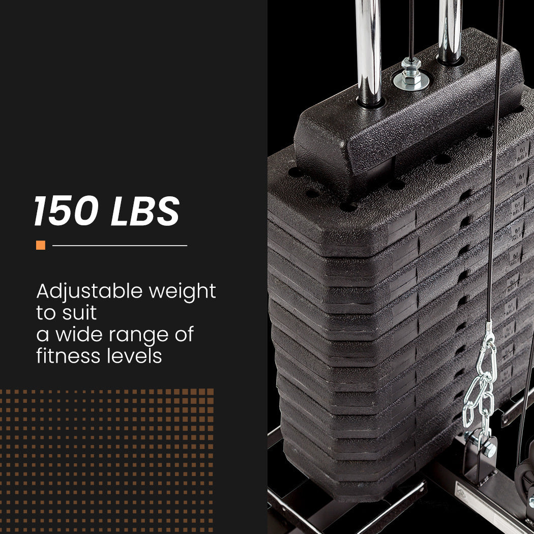 PROFLEX Multi-Station Home Gym Set with 98lbs weight plates, featuring various exercise stations and weightlifting equipment.