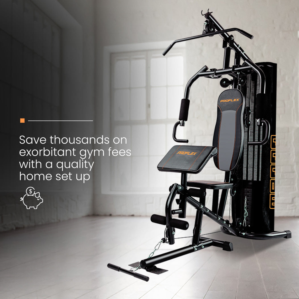 Proflex Multi-Station Home Gym Set with 98lbs weight plates, featuring multiple exercise stations and fitness equipment.
