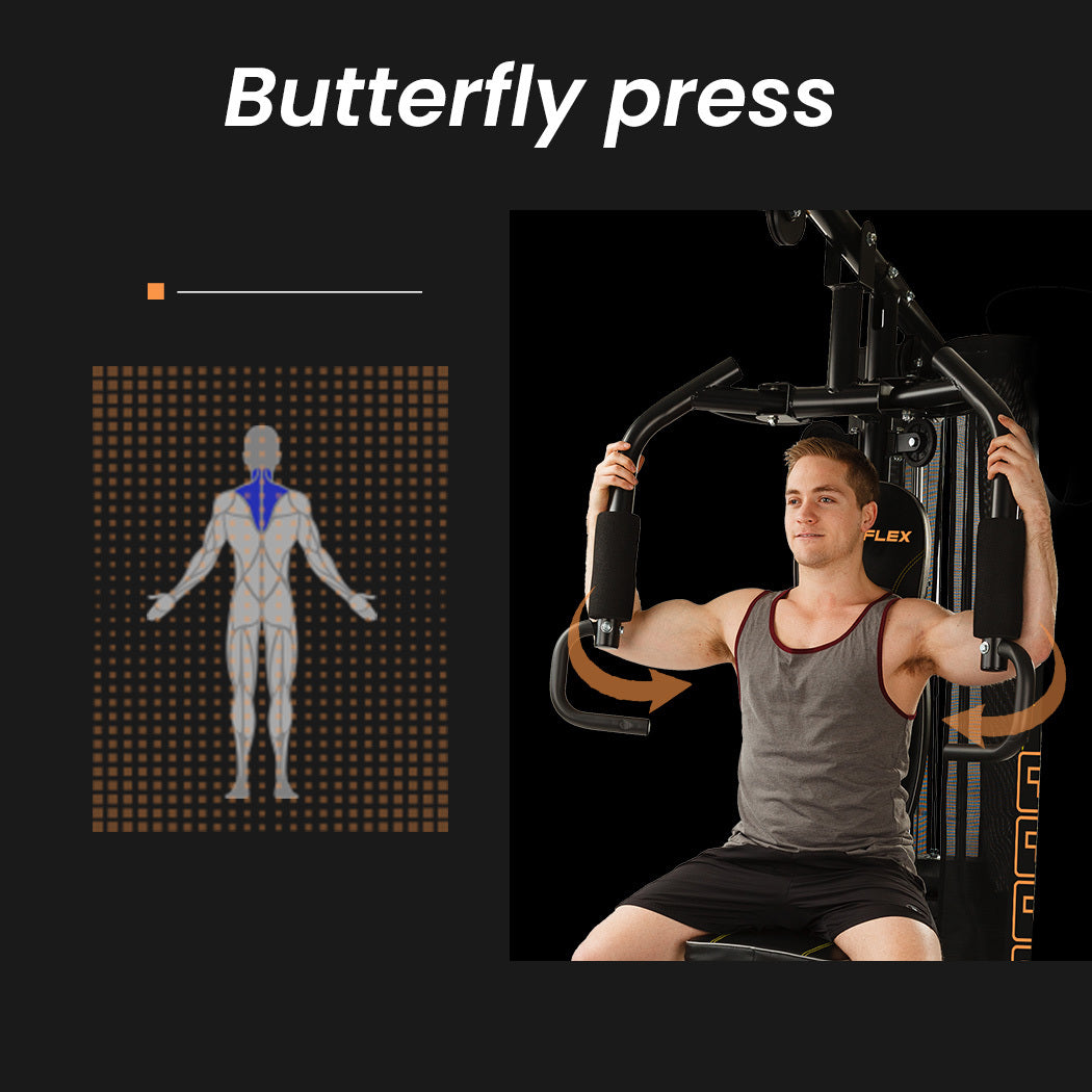Proflex Multi-Station Home Gym Set with 98lbs weight plates, featuring various exercise stations and weightlifting equipment.