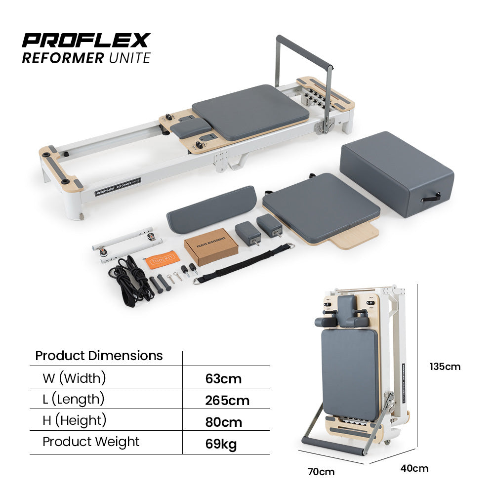 Aluminium Pilates Reformer machine with stretch bed, box, and jump board accessories for yoga and Pilates exercises.
