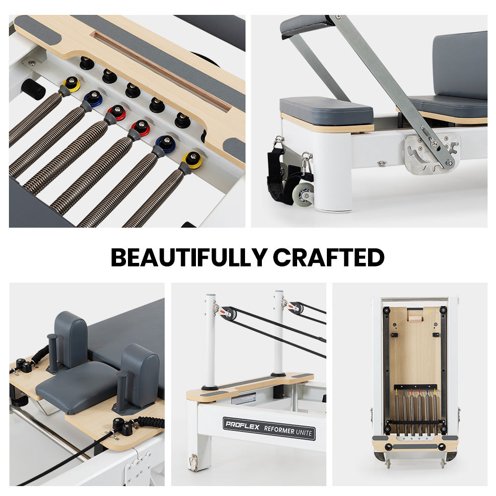 Aluminium Pilates Reformer machine with stretch bed, box, and jump board accessories for yoga and fitness exercises.