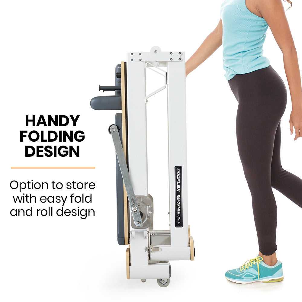 Aluminium Pilates Reformer machine with stretch bed, box, and jump board accessories for yoga and fitness exercises.