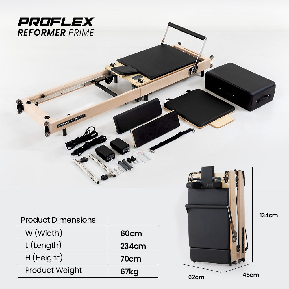 Wooden Pilates Reformer machine with stretch bed, jump board, and box accessories, designed for yoga and fitness workouts.