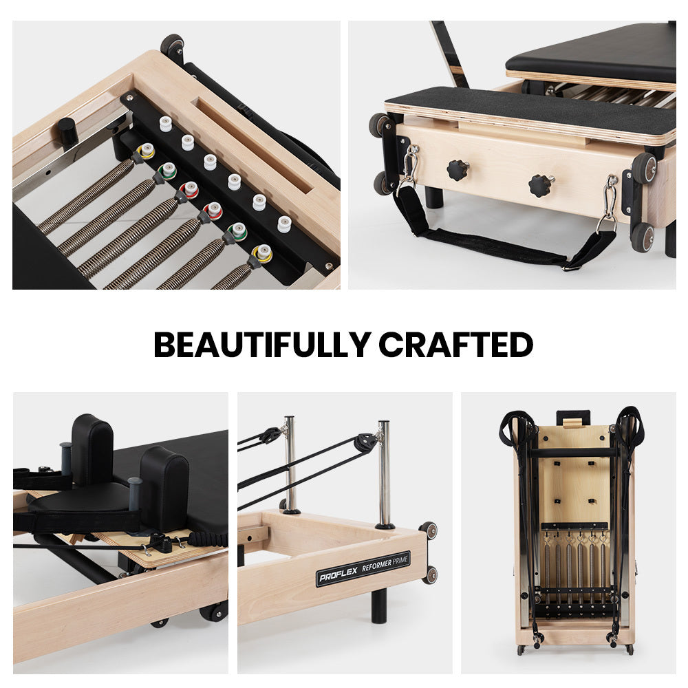 Wooden Pilates Reformer machine with stretch bed, box, and jump board accessories from Online Fitness Depot, designed for yoga and Pilates workouts.