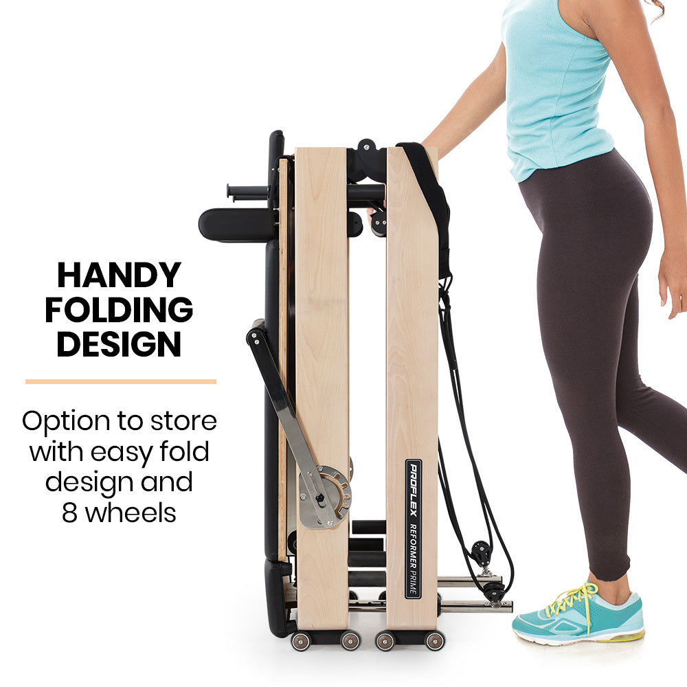 Wooden Pilates Reformer Machine from Online Fitness Depot with stretch bed, box, and jump board accessories for yoga and fitness.