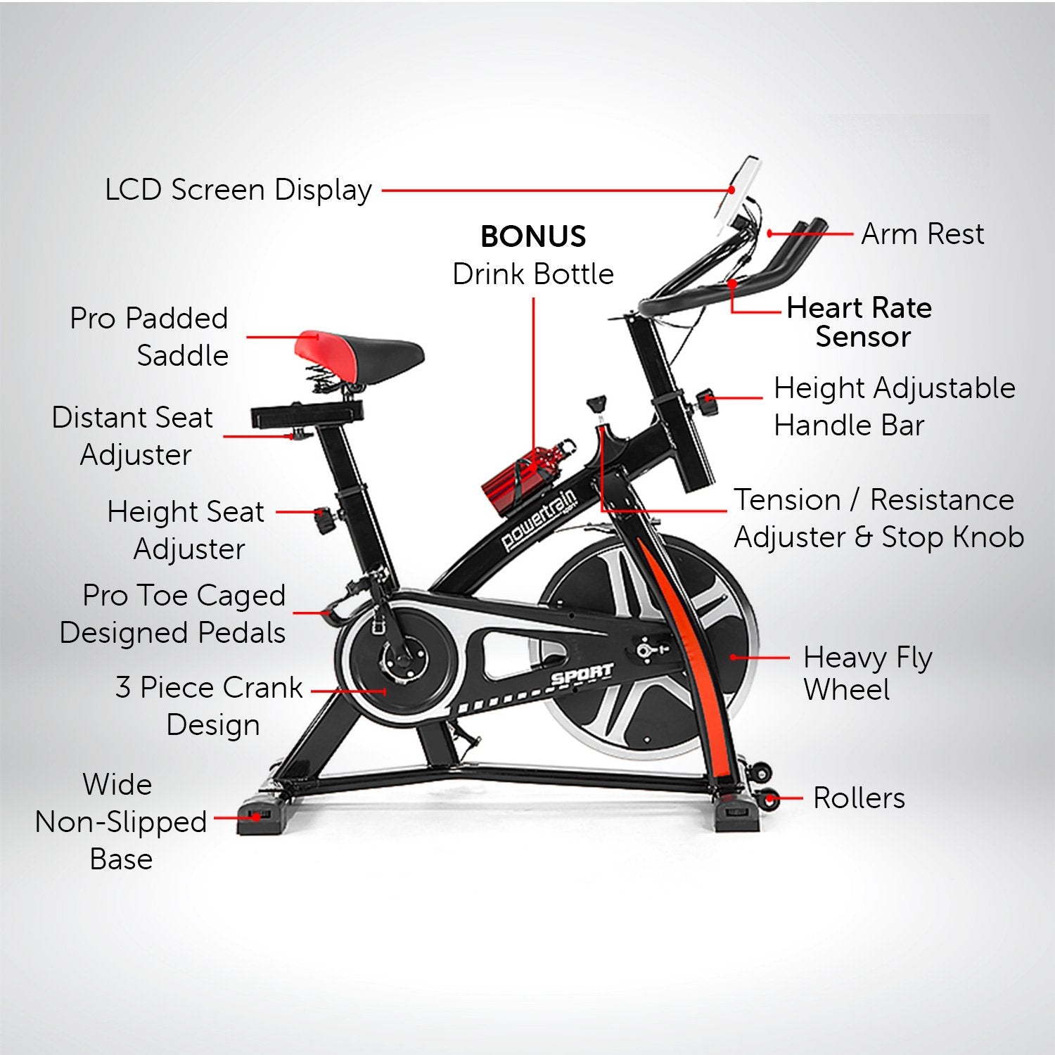 Black Powertrain home gym spin bike with flywheel for indoor cycling, featuring a sturdy frame and adjustable seat for fitness workouts.